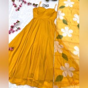 Anarkali with floral dupatta.